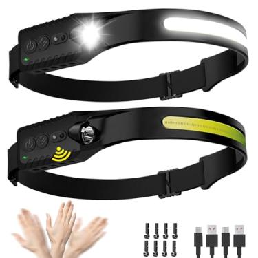 Imagem de Lanterna de cabeça recarregável (pacote com 2), lanterna de cabeça de LED, farol largo de 230°, luz de faixa de cabeça de 400 lúmens, super brilhante, à prova d'água, sensor de movimento, 5 modos para