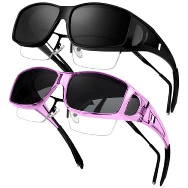 Imagem de KANASTAL Óculos de Sol Polarizado Sobrepor Masculino Feminino Roxa Armação Escuro Preto 2 Pares sobre Oculos Proteção UV Retangular Envolventes Vintage Sunglasses over Glasses -Roxo + Preto