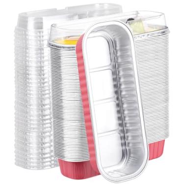Imagem de EUSOAR Ramequins de alumínio descartáveis, 100 peças de 192 g, vermelho claro reutilizável, formas de pão de bolo, recipientes retangulares para cupcake, forma de creme brulee para cheesecake de