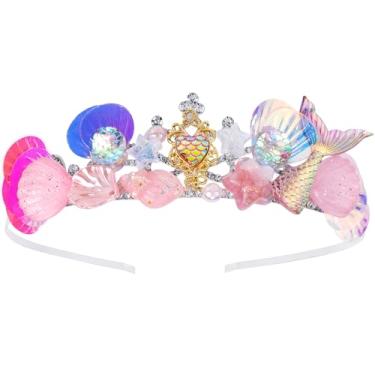 Imagem de Araluky Coroa de sereia tiara de sereia oceano pequena sereia lembrancinhas de festa Ariel suprimentos de festa de aniversário conchas coroas de princesa para meninas pequenas tiaras e coroas para mulheres decorações de festa - rosa