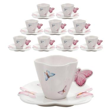 Imagem de Jogo 10 Xicaras De Chá Porcelana Com Pires Borboletas 200ml Wolff