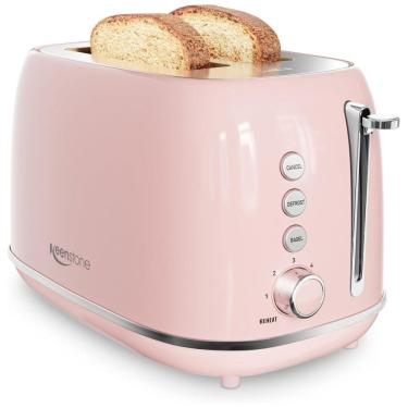 Imagem de Torradeira Elétrica Retrô 2 Fatias em Aço Inoxidável com 6 Níveis de Tostagem e Bandeja de Migalhas Removível, 800W, Keenstone, Rosa