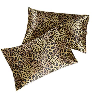 Imagem de Pacote com 2 fronhas de cetim - King Size (50,8 cm x 101,6 cm, leopardo dourado) - Fronhas de seda para cabelo e pele - Capas de almofada de cetim com fecho de envelope - Microfibra premium extra