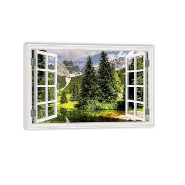 Imagem de Parede de janela falsa de praia 3D, primavera verde floresta neve montanha lago, impressão em tela arte de parede, mural de parede vista de janela, para decoração de parede de sala de estar 20x30 cm