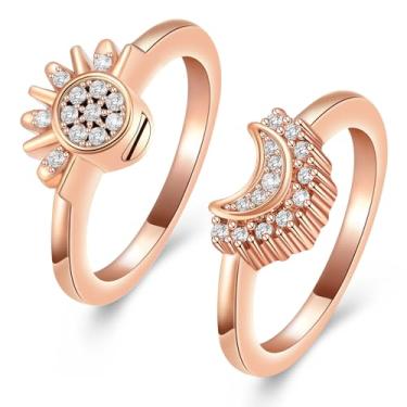 Imagem de Joias de cremação para anéis de cinzas – Conjunto de anéis celestiais de sol e lua, anel de sol cintilante/anel de lua azul/banhado a prata, anel de promessa de amizade, anéis celestiais empilháveis,