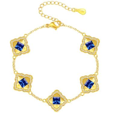 Imagem de EllieHouse Pulseiras femininas da sorte de ouro 18K com quatro folhas, pulseira de elos grossos, ajustável, corrente de relógio, joias, One Size, Aço inoxidável, Zircônia cúbica