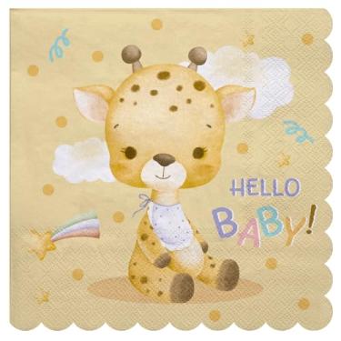 Imagem de LeZakaa Guardanapos de papel para chá de bebê 50 peças - Letras "Hello Baby" e um design de girafa, guardanapo de papel descartável, decoração de mesa de festa para chá de bebê, aniversário para