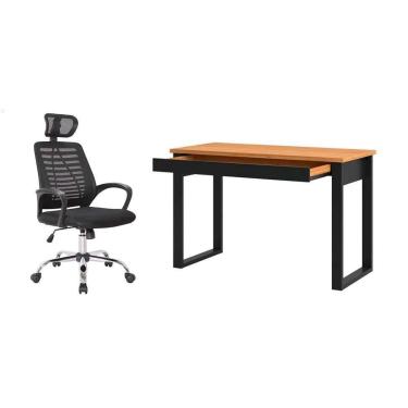 Imagem de Conjunto de Mesa Anah 1 gv Freijó com Cadeira de Escritório Diretor Giratória Light Preta