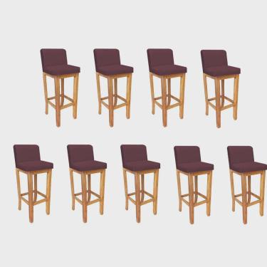 Imagem de Kit 09 Banqueta Alta Com Encosto Aila Balcão Bistrô Base Madeira Maciça Suede Bordô - Ahz Móveis