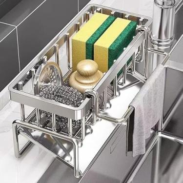 Imagem de FAWEGO Suporte de esponja, suporte de esponja de pia para cozinha com bandeja de drenagem automática de aço inoxidável e gancho de pano de prato, dispensador de sabonete, acessórios de cozinha (cinza)