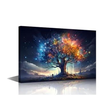 Imagem de Arte de parede emoldurada 1 painel de arte de fantasia pôsteres e impressões para sala de estar, árvore sagrada da vida Yggdrasil grande árvore velha e homem arte imagens impressas em tela, embrulhado