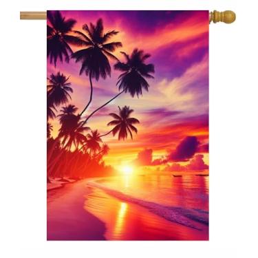 Imagem de Pickako Palmeira tropical praia pôr do sol roxo céu rosa com bandeira de jardim nuvem 71 x 101 cm, bandeiras decorativas de dois lados para quintal de boas-vindas para casa, casa, gramado, pátio