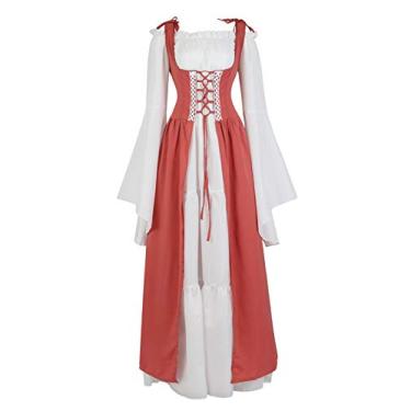 Imagem de Traje feminino cosplay renascentista medieval irlandês sobre vestido e quimioterapia Boho conjunto gótico cintura alta vestido tijolo vermelho-3GG