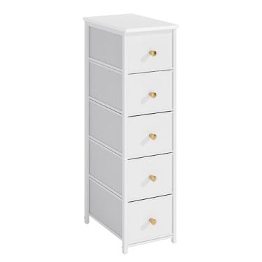 Imagem de lurcns Armário de armazenamento estreito para pequenos espaços, cômoda de banheiro fina com gavetas, organizador de armazenamento alto e fino para banheiro, quarto, armário fino (branco, 5 gavetas)