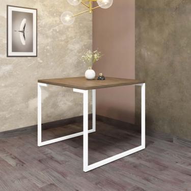 Imagem de Mesa De Jantar Stan Industrial 4 Lugares 90cmFerro Branco Castanho - Amey Decor
