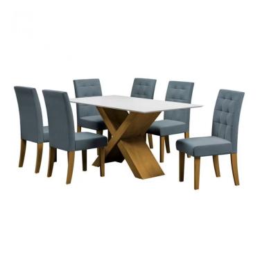 Imagem de Mesa De Jantar Dobuê Dubai Light 160x90 Com 6 Cadeiras Estofadas Carvalho/branco Off White/grafite