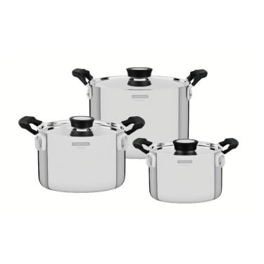 Imagem de Jogo De Panelas Grano 3 Peças Em Aço Inox Com Corpo Triplo E Alças Em Silicone Tramontina 65240/200