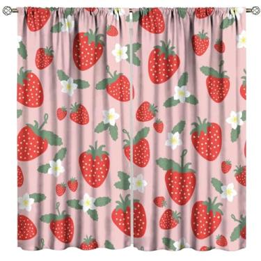Imagem de Cortinas de frutas, linda estampa floral de planta de morango, decoração de casa, quarto, sala de estar, cozinha, janela, conjunto com 2 painéis, tamanho total 106,7 cm L x 114,3 cm C