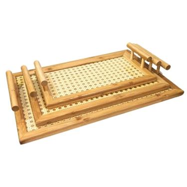 Imagem de Jogo com 3 Bandejas Retangulares de Bambu, Acrílico e Palha Indiana com Alça