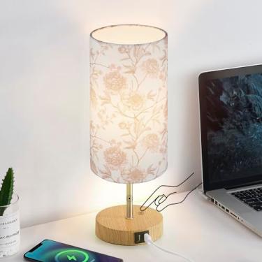 Imagem de Lolikit Lâmpada de cabeceira sensível ao toque, luminária de mesa pequena de madeira com 2 portas de carregamento USB e sombra de tecido floral, lâmpadas de mesa de cabeceira reguláveis de 3 vias para