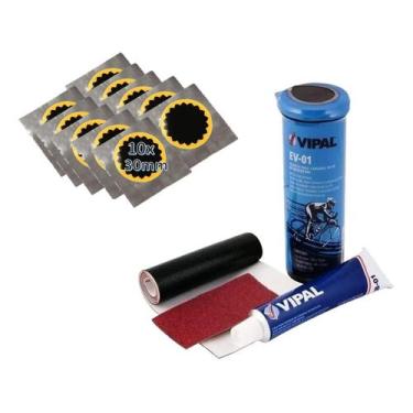 Imagem de Kit Remendo + 10 Reparos Selante Vipal P/Camara Bike Moto, Estojo de R