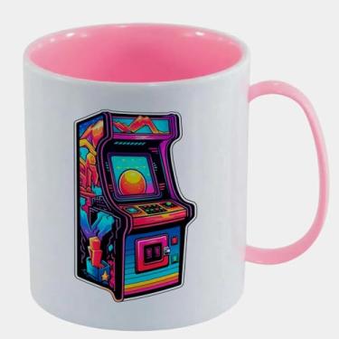 Imagem de Caneca de Polímero Plástico Inquebrável Infantil Rosa Claro - FLIPERAMA NEON RETROWAVE