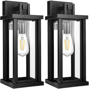 Imagem de DBF Lanternas De Parede Para Áreas Externas, Arandelas À Prova D'Água Luzes Varanda Pretas Externas Com Vidro Transparente, Base E26, Metal Resistente E Antiferrugem Porta Entrada Garagem, Pacote 2