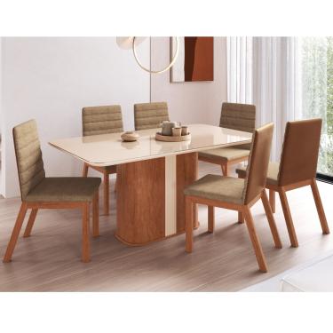 Imagem de Conjunto Sala de Jantar Mesa com Tampo de Vidro 160cm e 6 Cadeiras em Madeira Maciça 165/05 Zamarchi - Cinamomo-Off White