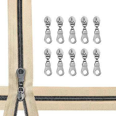 Imagem de zynzaoacs #5 Zíper Por Jarda Com Puxadores, Fita Bege Contínua (5 Jardas) E Puxadores De Bronze À Prova Ferrugem (10 Unidades), Zíperes A Granel Para Costura Bolsas Carteiras, Rolo Nylon Cortável