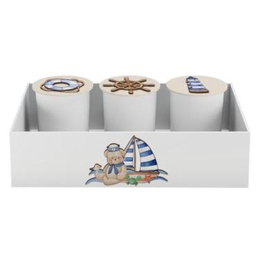 Imagem de Trio de Potes e Bandeja Kit Higiene MDF Urso Marinheiro - Neném na Nuv