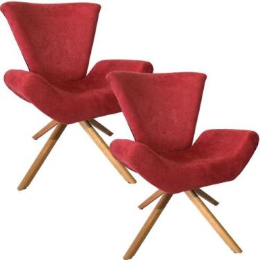 Imagem de Kit Duas Poltronas Elegance Base Giratória Ferro e Madeira Sued Vermel