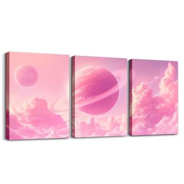 Imagem de Feelyou Arte de parede em tela de 3 peças de galáxia rosa para sala de estar, quarto, sistema solar estrelado, arte de parede para decoração de casa, espaço impresso em 3D, decoração de escritório