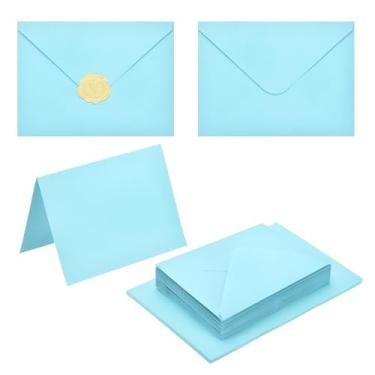 Imagem de PATIKIL Pacote com 20 envelopes azuis claros 10 x 15 cm com cartões, envelopes A6 de aba V com cartolina e adesivos dourados para cartões comemorativos de casamento, convites de aniversário, envio por