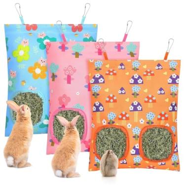Imagem de UPINS 3 sacos de feno para coelhos, alimentador de feno suspenso de 2 furos para chinchilas, coelhos, hamsters e pequenos animais de estimação