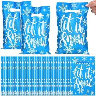 Imagem de 50 peças de sacos de inverno floco de neve, sacos de varejo Let It Snow, sacolas de presente de plástico, sacolas de lembrancinhas de festa azul com alças, sacolas de compras de Natal para festa temática de inverno