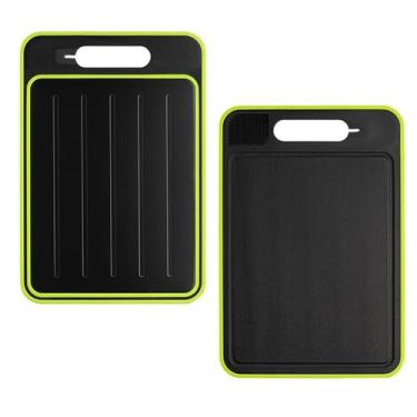 Imagem de Tábua de corte de aço inoxidável para cozinha, tábua de cortar dupla face com ralador e apontador, bandeja de descongelamento, descongelamento rápido de alimentos e carnes congelados, 30 x 21 cm