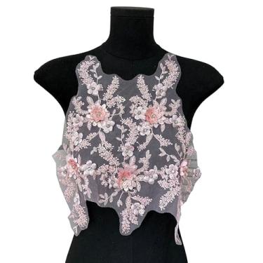 Imagem de Aplique de renda floral 3D, painel de corpete de malha bordada com remendos de flores com contas, costurado, faça você mesmo, roupas, vestido de casamento, vestido de noiva, bolsa de artesanato (rosa)