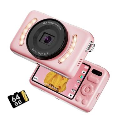 Imagem de Câmeras digitais, câmara digital de 64 MP com armazenamento de 64 GB, zoom de 16 X, ecrã HD real de 2,8 polegadas, antiagitação, câmara digital de bolso fácil de usar para crianças e Gen Z,
