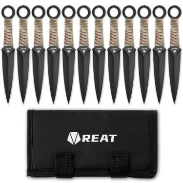 Imagem de REAT Produtos De Arremesso - 12 Peças, 6,5" Aço Inoxidável 440 Com Cabo Verde Envolto Em Cordão, Inclui Estojo Transporte Nylon Para Armazenamento Seguro, Facas Kunai Competição, Recreação (Preto/Ca