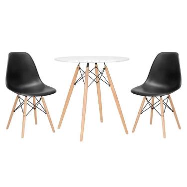 Imagem de Mesa Redonda Eames 70 Cm + 2 Cadeiras Eiffel Dsw Mesa Branca Com Cadeiras Pretas