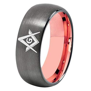 Imagem de CLOUD DANCER Anel maçônico maçônico de 4 mm/6 mm/8 mm de largura/bússola maçônica - Anel masculino clássico de carboneto de tungstênio cinza e ouro rosa - Gravação personalizada gratuita, Metal, não
