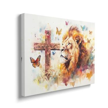 Imagem de Arte de parede em tela de leão, pintura cristã, imagem religiosa, cruz emoldurada para banheiro, quarto, sala de estar, leão de Judá, decoração de parede moderna para escritório doméstico 30,48 cm x
