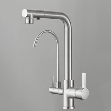 Imagem de Torneira De Cozinha De 3 Vias Torneiras Misturadoras De Cozinha De Spray Com Bico Giratório 2 Modos De Torneira Purificadora De água Para Sistema De Filtro De água Sob A Pia, Brushed Nickel