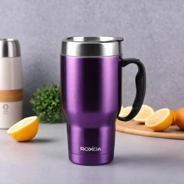 Imagem de Caneca Térmica Parede Dupla em Aço Inox Roxa 550ml com Tampa Flip - Estilo Texturizado
