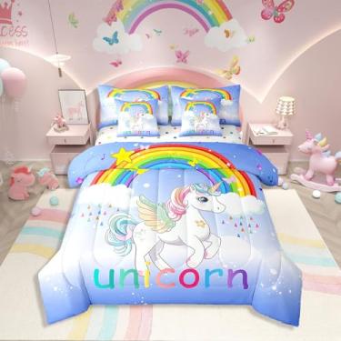 Imagem de Erosebridal Jogo de edredom casal, 7 peças, com lençol de cima e lençol com elástico para crianças, adolescentes e adultos, conjunto de cama com glitter e estrelas de unicórnio arco-íris com fronha e