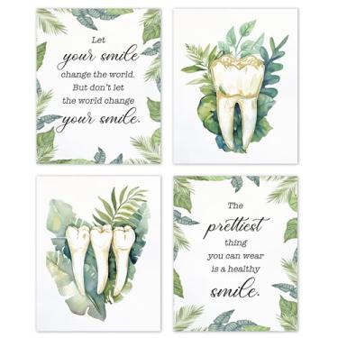 Imagem de TLESKE Pôster de decoração de escritório dentário impressões sem moldura 20 x 25 conjunto de 4, arte de parede com dentes botânicos boêmios, decoração para dentista, assistente dentário, presentes de