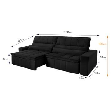 Imagem de Sofá Retrátil Reclinável Supremo 2,50m Suede Velut Preto c/Molas no Assento - King House