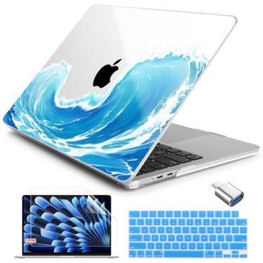 Imagem de Batianda Capa para MacBook Air 13 polegadas 2025 M4 2024 2022 modelo A3240 A3113 M3 A2681 M2, capa protetora de teclado e protetor de tela com design floral e adaptador USB-C, ondas azuis