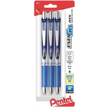 Imagem de Pentel Caneta de gel líquido retrátil EnerGel RTX (0,3 mm), ponta de agulha, linha extrafina, tinta azul, pacote com 3 (BLN73BP3C)