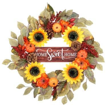 Imagem de RoseCraft Guirlanda de outono, guirlanda de outono de 50,8 cm, girassol artificial, abóboras, pinheiros, para decoração de porta da frente com placa de madeira HOME Sweet Home, para decoração de